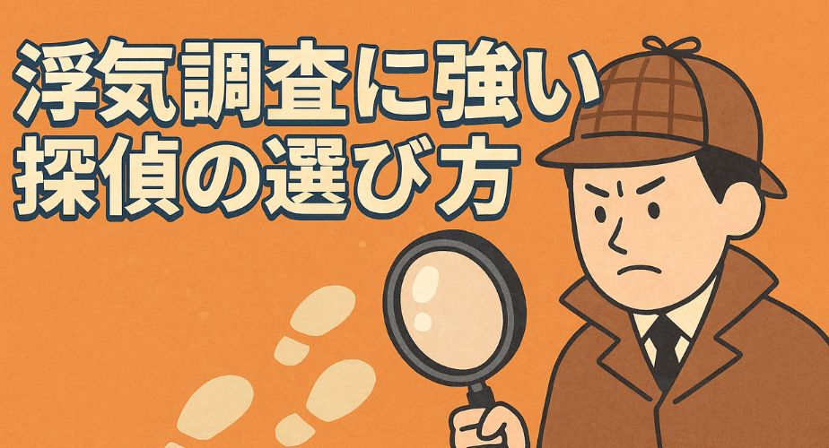 「浮気調査に強い探偵の選び方」という日本語の見出しが左上に配置されたイラスト。右側には茶色の探偵帽とトレンチコートを着た男性が虫眼鏡を持ち、地面に残った足跡を調べている様子が描かれている。 