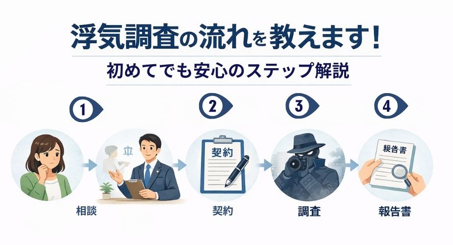 浮気調査の流れをステップ形式で示した解説画像