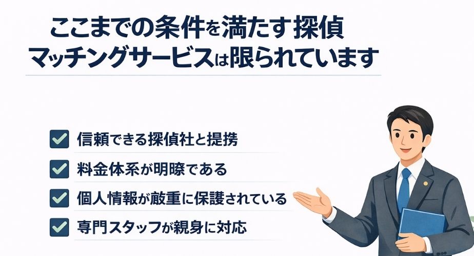 信頼できる探偵マッチングサービスの条件を示す画像