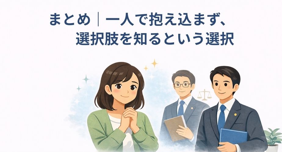 一人で悩まず相談する大切さを伝えるまとめ画像