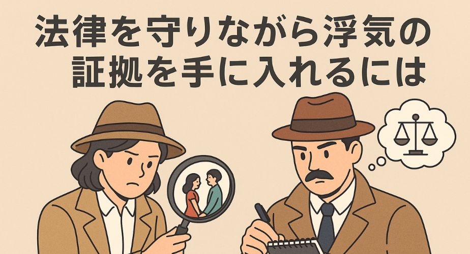 「法律を守りながら浮気の証拠を手に入れるには」という日本語のタイトルが上部に表示されたイラスト。左には虫眼鏡を持った女性探偵が浮気中の男女を観察し、右にはメモ帳を取る男性探偵と天秤のマークが描かれた吹き出しがある。 
