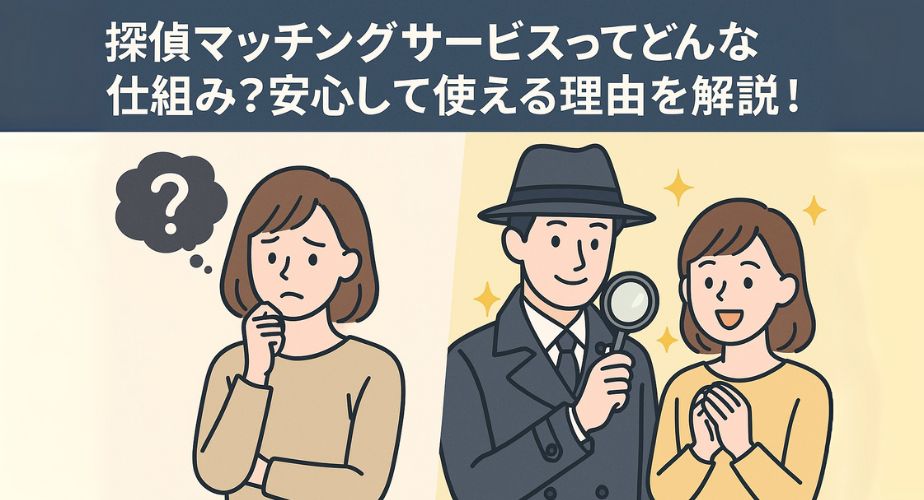 探偵マッチングサービスの仕組みを説明するアドバイザーと相談者のイラスト
