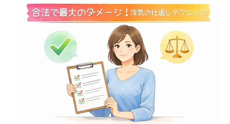 合法的な対処を示すチェックリストを持った落ち着いた主婦のイラスト。天秤のアイコンで合法性を表現。