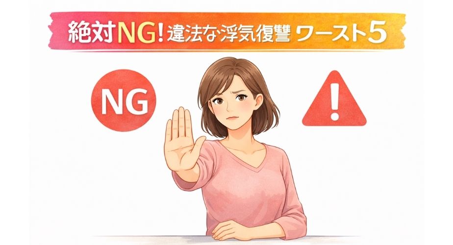 違法行為への注意喚起を示す主婦のイラスト。手のひらを前に出してストップを示し、注意アイコンが描かれている。