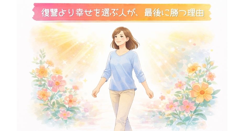 前向きな未来に向かって歩き出す主婦のイラスト。光や花が描かれ、幸せを選ぶイメージ。