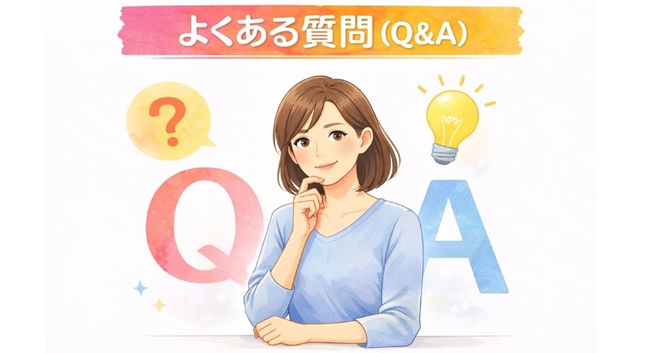 Q&A形式をイメージした主婦のイラスト。質問符号と電球のアイコンが描かれている。