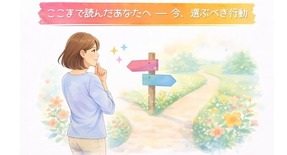 分岐点に立ち、進む道を選ぼうとしている主婦のイラスト。