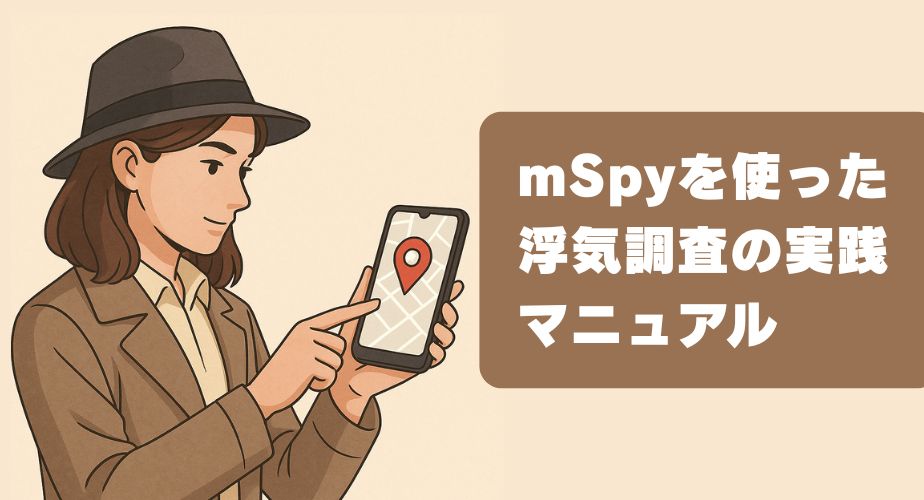 ベージュの背景の中、茶色のトレンチコートとグレーの帽子をかぶった女性探偵がスマートフォンを手に持ち、GPS地図に表示された赤い位置情報ピンを指差している様子。画面左側には『完全版 GPSを使った浮気調査 実践マニュアル』という日本語の太字テキストが配置されている。