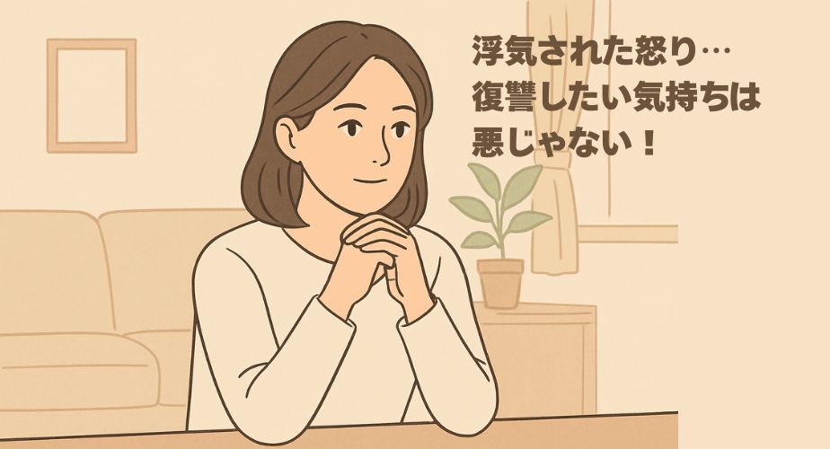 明るく落ち着いたトーンのリビングで、肩までの茶髪の女性がテーブルに肘をつき、両手を組んで穏やかな表情で前を見つめているイラスト。背景には観葉植物、カーテン、ソファが配置され、全体的に温かみのあるベージュ系の色合いで、冷静に夫婦問題と向き合う主婦の前向きな姿勢が表現されている。
