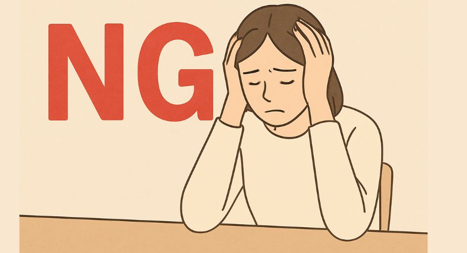 落ち着いた色調のイラストで、肩までのダークブラウンの髪型をした女性が、テーブルに座り頭を両手で抱えている。表情は困り顔で、後悔や失敗への気持ちが伝わる。「NG」の赤い大きな文字が背景に配置され、何か間違いをしてしまった状況を強調している。全体的にシンプルで優しい線と色合いで描かれている。