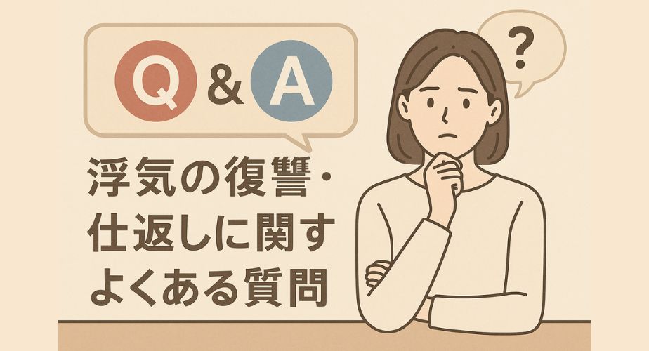 ベージュを基調とした落ち着いた色合いのイラスト。左側には赤と青の丸に「Q」と「A」が書かれた吹き出しと、「浮気の復讐・仕返しに関するよくある質問」という日本語の太字の文字。右側には肩までの茶髪の主婦が、片手をあごに添え、少し困った表情で考えている様子が描かれている。女性の上には「？」マークの吹き出しもあり、疑問を抱えていることを表現している。