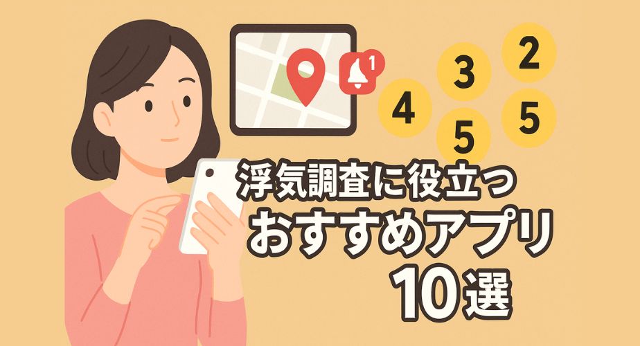 スマホを手にした主婦が位置情報アプリを見つめている。背景にはランキング形式の数字と通知アイコンがあり、「浮気調査に役立つおすすめアプリ10選」の文字が入っている。