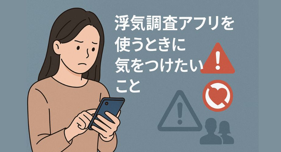 スマホを操作する不安げな女性のイラスト。背景には警告マークとハートの禁止アイコンが表示され、「浮気調査アプリを使うときに気をつけたいこと」という文字が入っている。