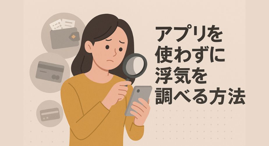 スマホを調べる女性が虫眼鏡を持ち、財布やクレジットカードのアイコンが背景に浮かぶ。「アプリを使わずに浮気を調べる方法」という文字が右側に表示されている。