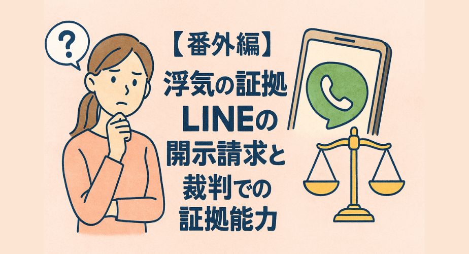 INEのメッセージ画面と裁判の天秤を見比べる女性のイラスト。証拠としての有効性に悩む表情。