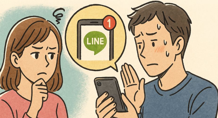 スマホを手放さない旦那に不安を感じる主婦のイラスト。LINE通知を見せたがらない様子を表現。
