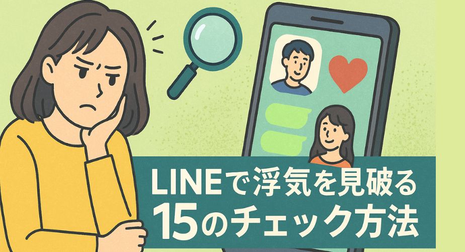 スマホ画面のLINEを真剣な表情でチェックする女性のイラスト。LINEの通知やトークをもとに浮気の兆候を探している様子。