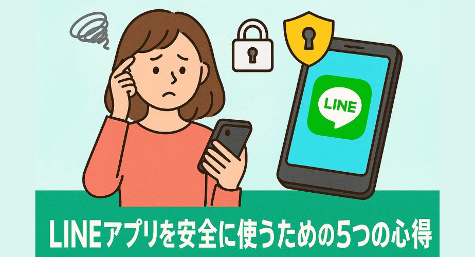 スマートフォンを手に持ち、不安そうに悩む表情の主婦のイラスト。背景には鍵マークとセキュリティシールドが描かれ、「LINEアプリを安全に使うための5つの心得」のテキストが表示された構成。