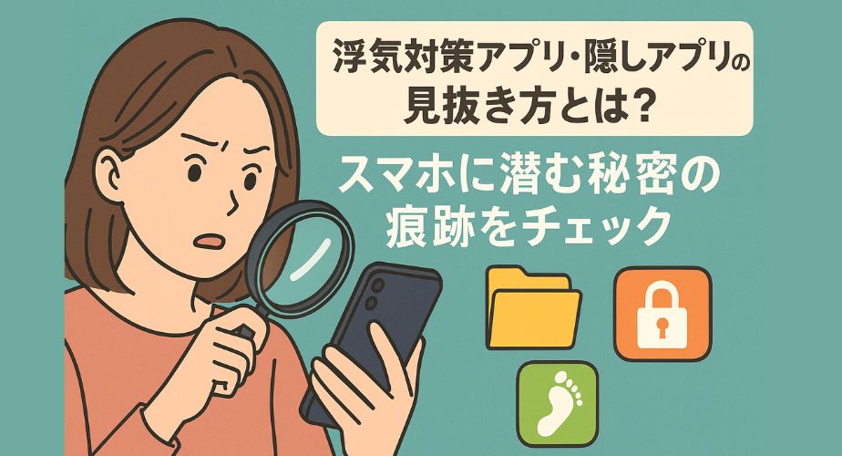 スマートフォンを調べる女性が虫眼鏡を持って隠しアプリを探しているイラスト。浮気防止アプリや秘密の痕跡を見抜こうとしている場面。