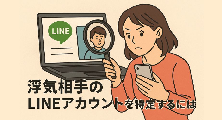 浮気相手のLINEアカウントを特定しようとする女性のイラスト。スマホと虫眼鏡を持ち、パソコン画面のプロフィールを確認している場面。