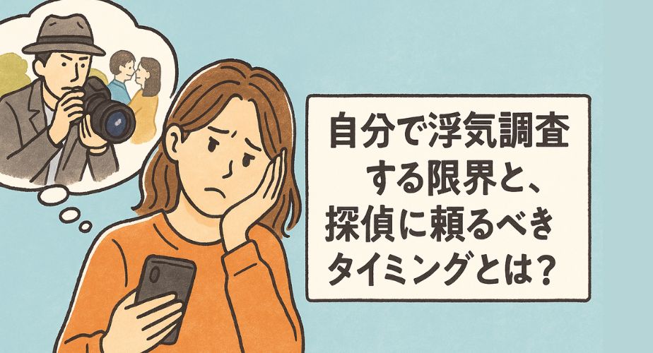 浮気調査を自分でするか探偵に頼むか悩んでいる女性のイラスト。スマホを見ながら思い悩む表情と、探偵の姿を想像している様子。