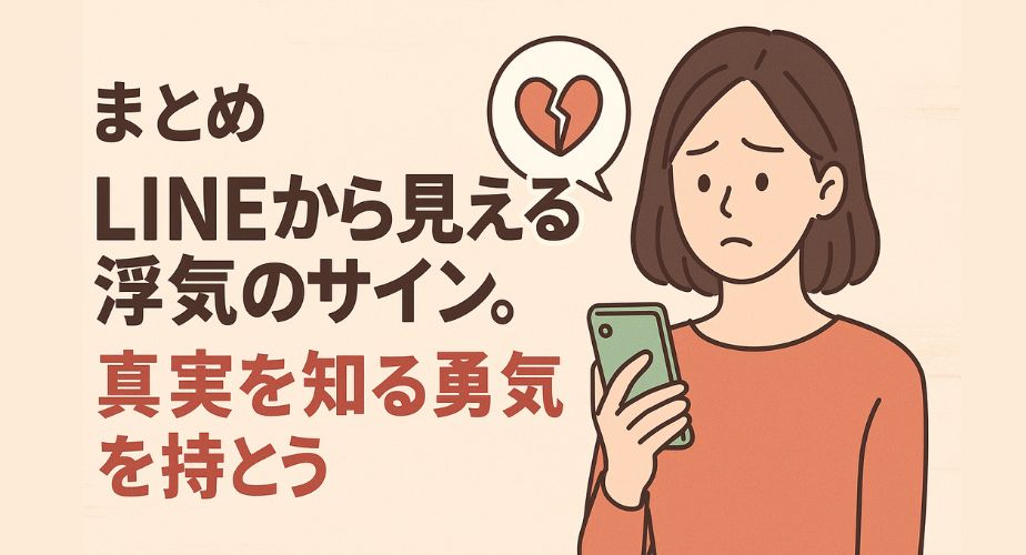 LINEの浮気サインに気づき、スマホを見つめて悩む女性のイラスト。真実を知る勇気を持とうというメッセージ付き。