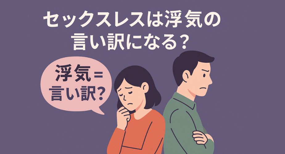 セックスレスを理由に浮気を正当化しようとする夫と、不安を抱える妻のすれ違いを描いたイラスト。