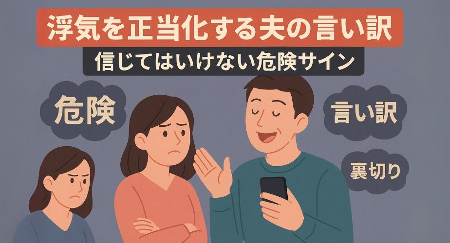 浮気を正当化しようとする夫の態度と、その裏に隠された危険なサインを表すイラスト。
