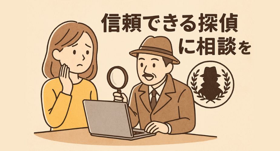 探偵事務所のデスクで、パソコン画面を見ながら相談する女性と、ルーペを持った探偵が向き合うイラスト。背景には「信頼できる探偵に相談を」という日本語テキストと探偵のシンボルマークが描かれている。