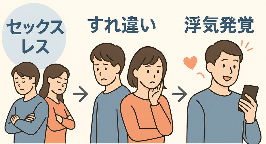 セックスレスから浮気に至るまでの夫婦関係の変化を時系列で表現したイラスト。