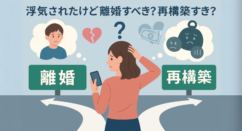 浮気後の夫婦関係をどうするか迷う女性が、離婚と再構築の選択肢を前に立ち尽くす場面のイラスト。