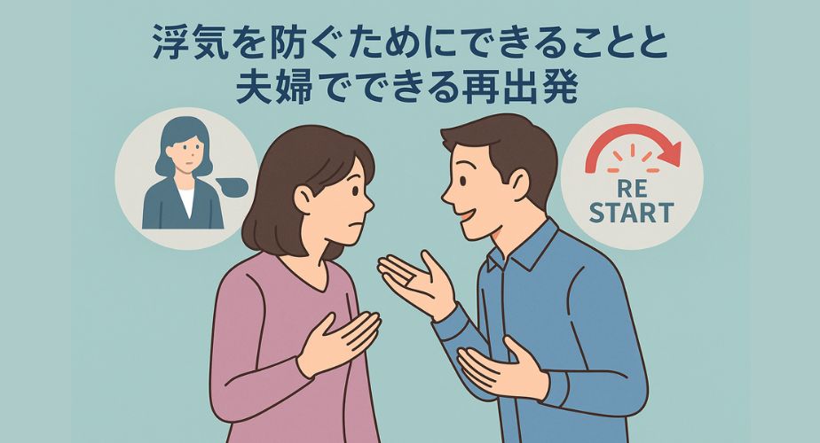 浮気の再発防止に向けて、夫婦が前向きに話し合いをする様子と、再出発を象徴するイラスト。