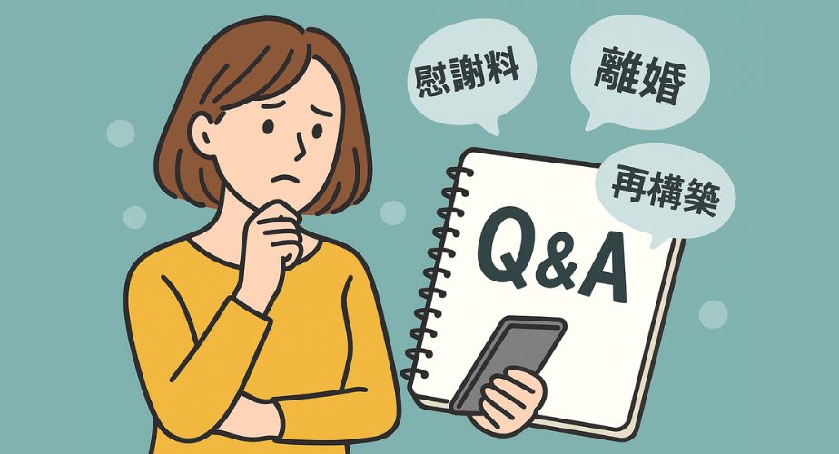 浮気やセックスレスに関する疑問を抱えた女性がQ&Aを調べている様子のイラスト。