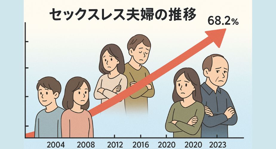 2004年から2023年にかけてのセックスレス夫婦の増加傾向を視覚的に示したイラストグラフ。