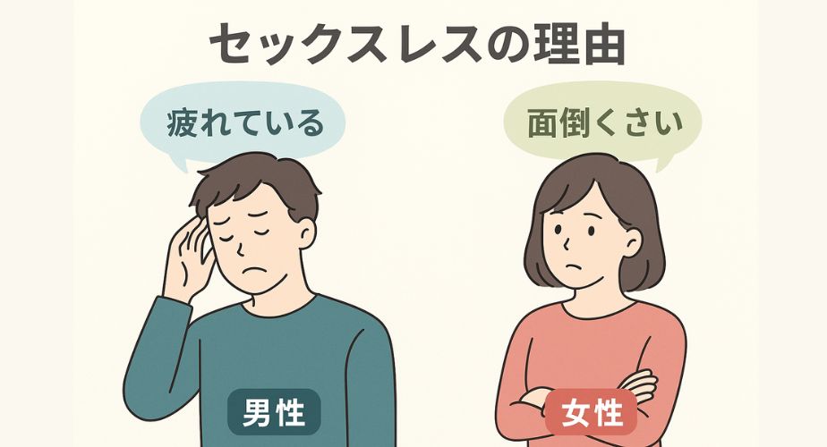 男女がそれぞれセックスに消極的な理由を話している様子を対比で示したイラスト。