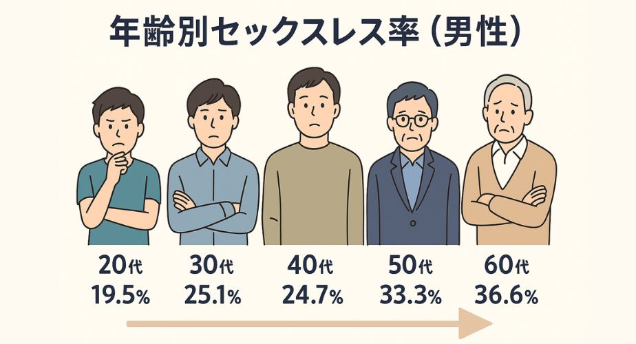 男性の年代別にセックスレス率が変化していく様子をグラフィカルに表現したイラスト。