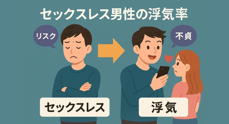 セックスレスの男性が浮気に至る傾向を視覚的に示したイラストと説明図。