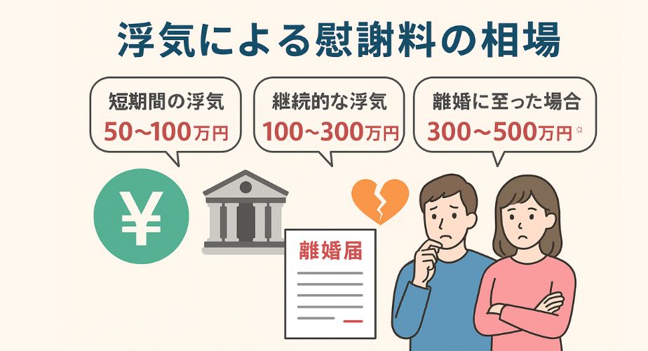 浮気に関する慰謝料の相場を状況別にわかりやすく示したイメージイラスト。