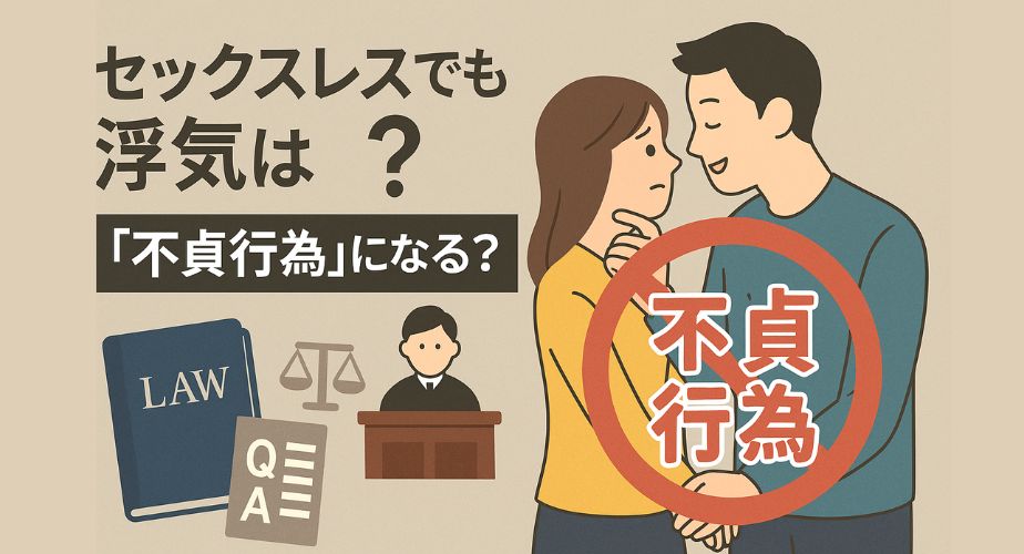 セックスレス状態でも浮気が法的に不貞行為とされる現実を示す、裁判と夫婦問題を象徴したイラスト。