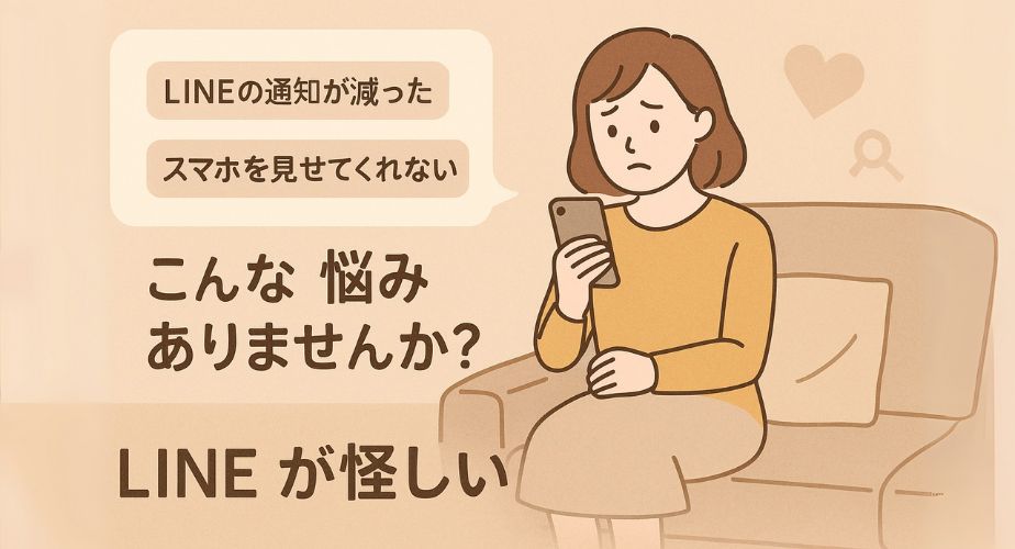 スマホを見つめて悩む主婦のイラスト。背景には「LINEの通知が減った」「スマホを隠すようになった」などの吹き出しが表示され、「こんな悩みありませんか？」という文字が添えられている。