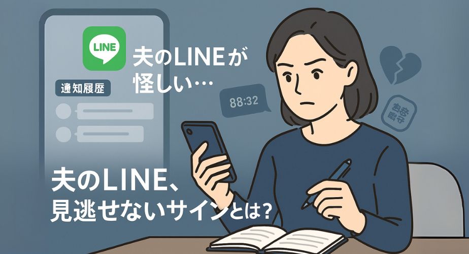 真剣な表情でスマホとノートを確認する女性のイラスト。背景にはLINEの通知や既読の時間を示すイメージが表示され、「夫のLINEが怪しい…」という文字が添えられている。