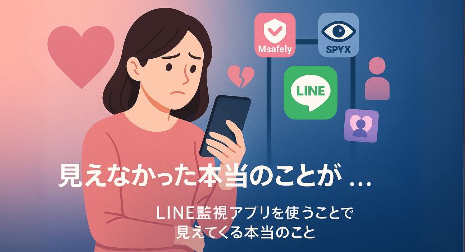 LINEアプリを確認する女性の背後に、浮気を連想させるハートやアプリアイコンが浮かんでいるイラスト。「LINE監視アプリを使うことで見えてくる本当のこと」という文字が中央に配置されている。