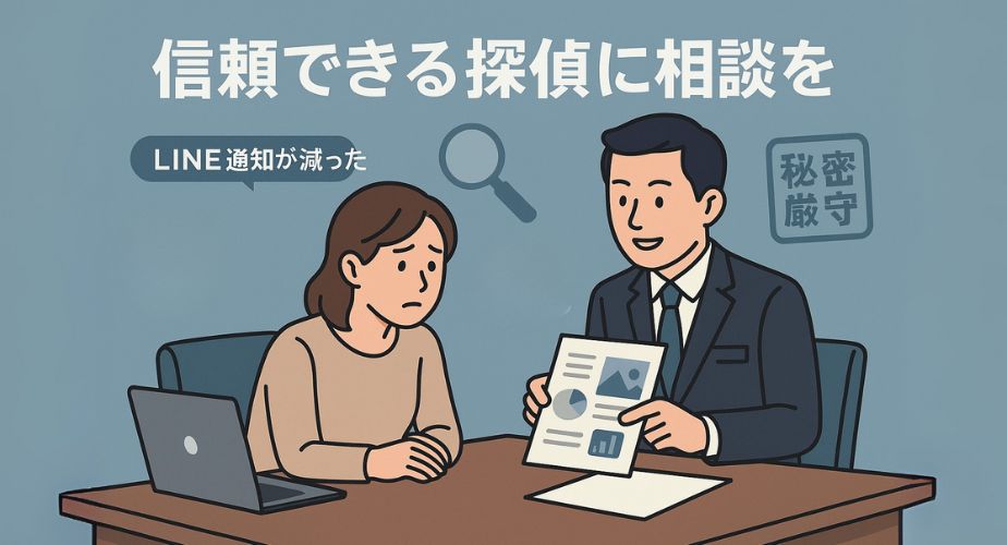 スーツ姿の探偵と女性が向かい合って相談しているイラスト。デスクの上には調査資料やパソコンがあり、「信頼できる探偵に相談を」という文字が表示されている。