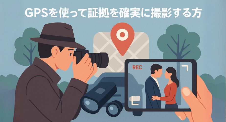GPSで浮気場所を特定し証拠撮影する場面のイラスト