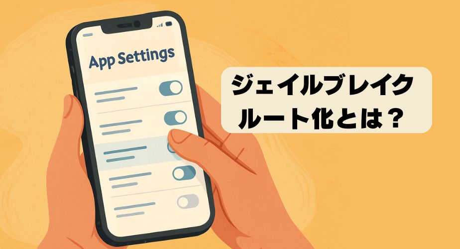 スマートフォンのアプリ設定画面でトグルスイッチを操作し、制限をオフにしている様子を描いたイラスト。スマホを持つ手と指が画面に触れている構図。