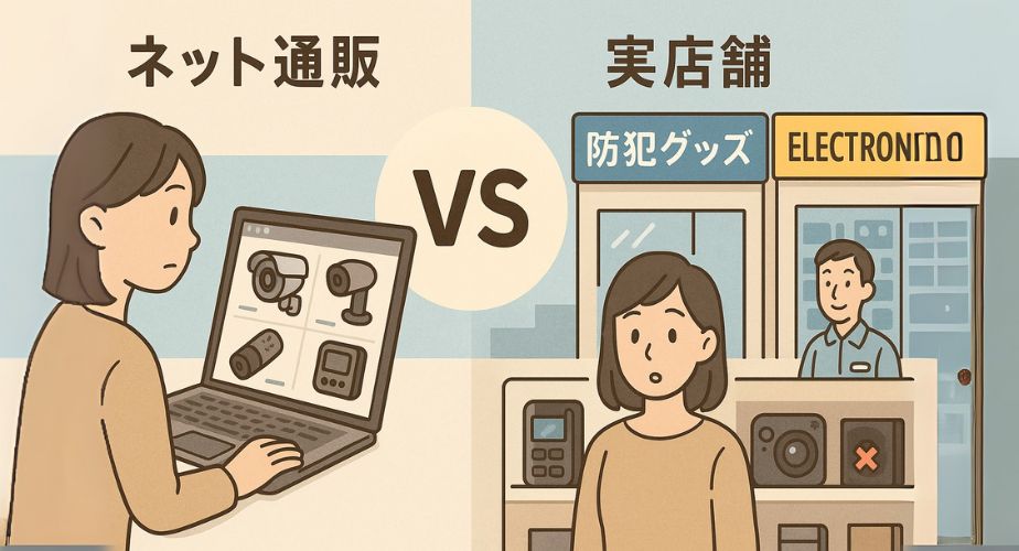 ネット通販と実店舗で浮気調査グッズを比較するイラスト 