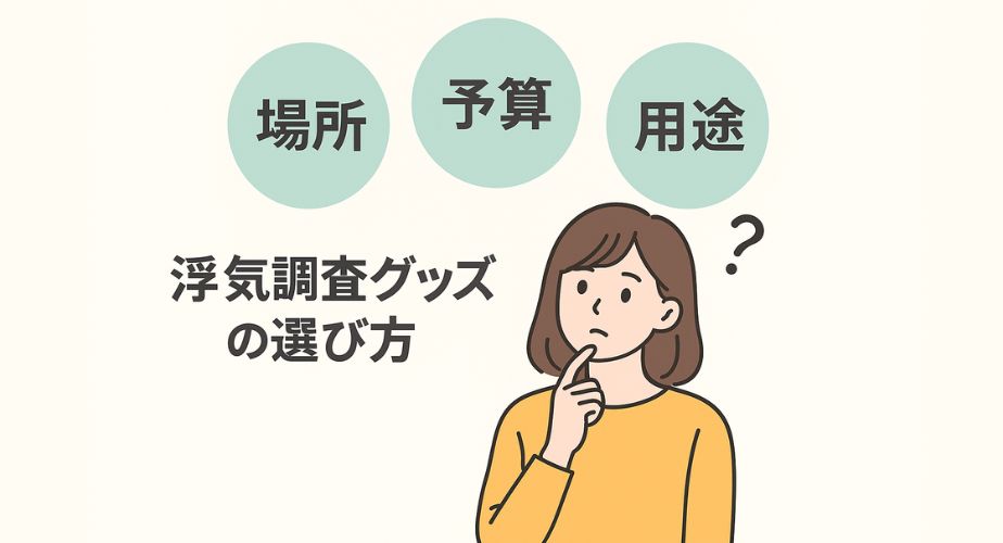 浮気調査グッズを場所や予算、用途で比較して選ぶ女性のイラスト 