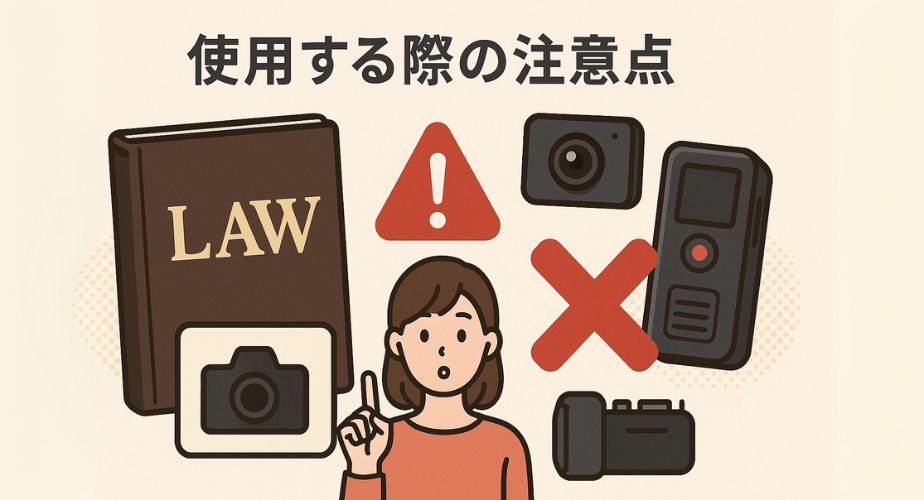 浮気調査グッズと法律の本を並べた注意喚起のイラスト