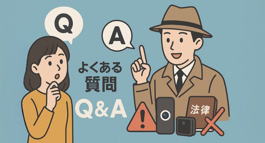 浮気調査グッズに関する質問を探偵にしている女性のイラスト