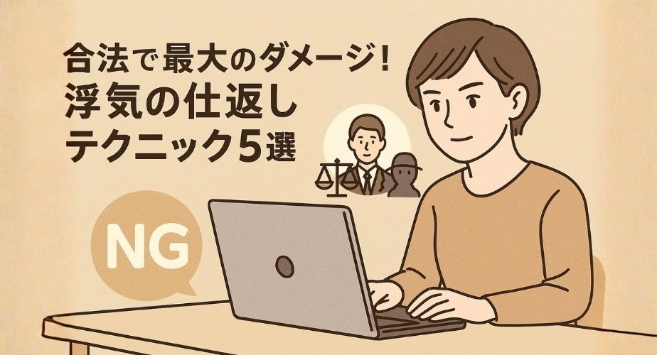 浮気された怒りを抱えながらも、冷静になろうと考える短髪の主婦のイラスト。落ち着いたベージュ背景に、浮気の仕返しや復讐に関する見出しが並ぶデザイン